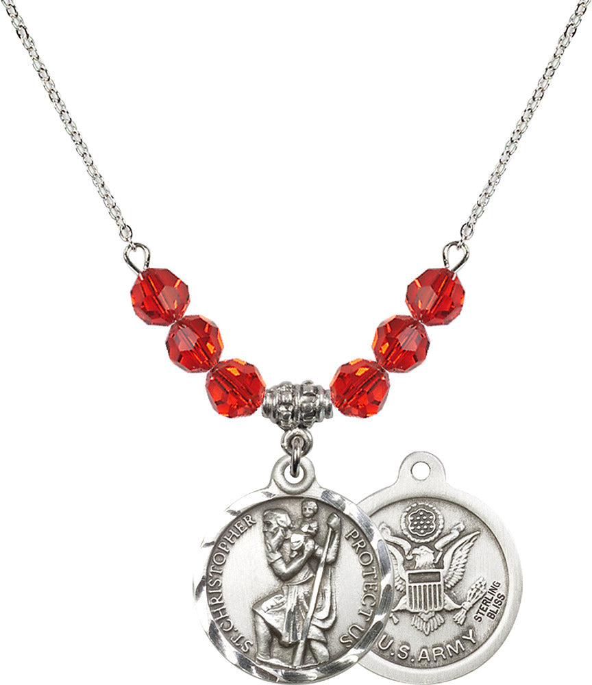 Sterling Silver Saint Christopher / Army Birthstone Necklace with Ruby Beads - 0192