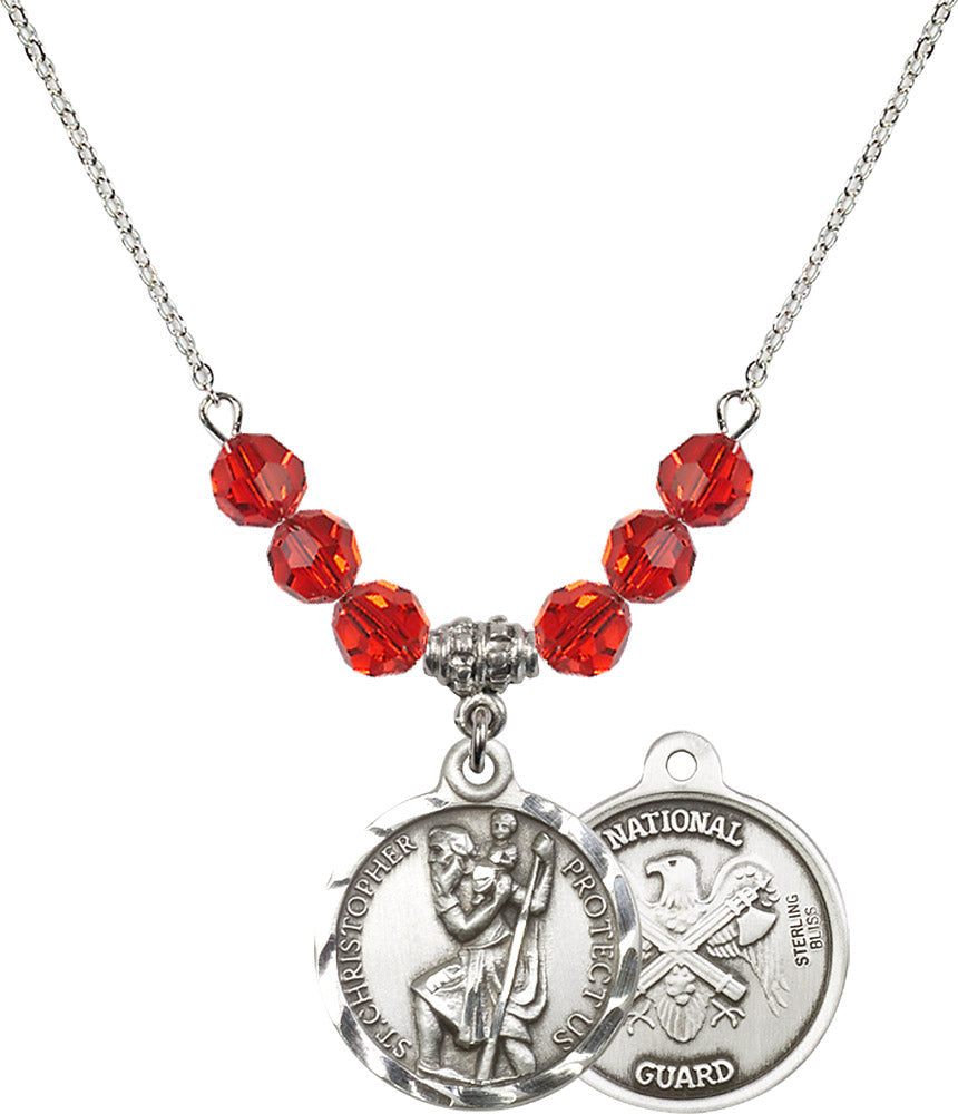 Sterling Silver Saint Christopher / Nat'l Guard Birthstone Necklace with Ruby Beads - 0192