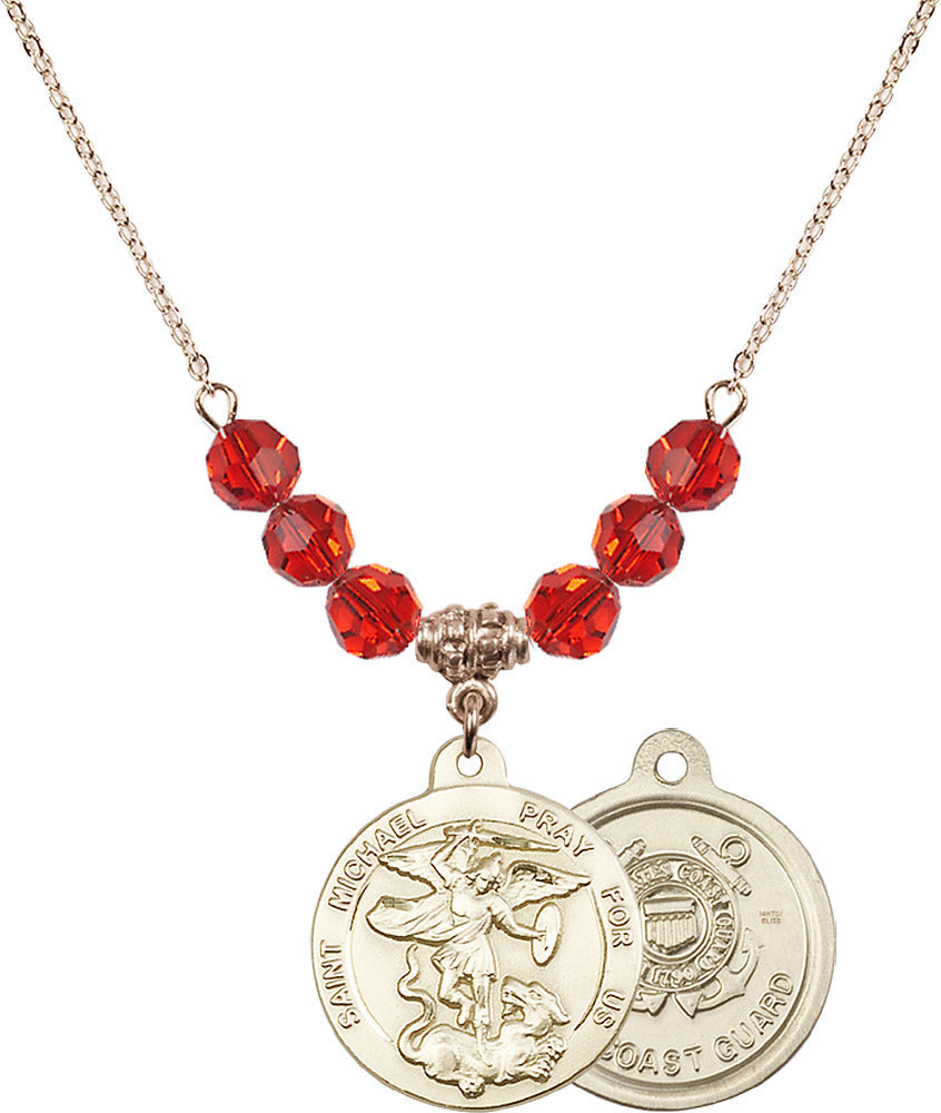 14kt Gold Filled Saint Michael / Coast Guard Birthstone Necklace with Ruby Beads - 0342