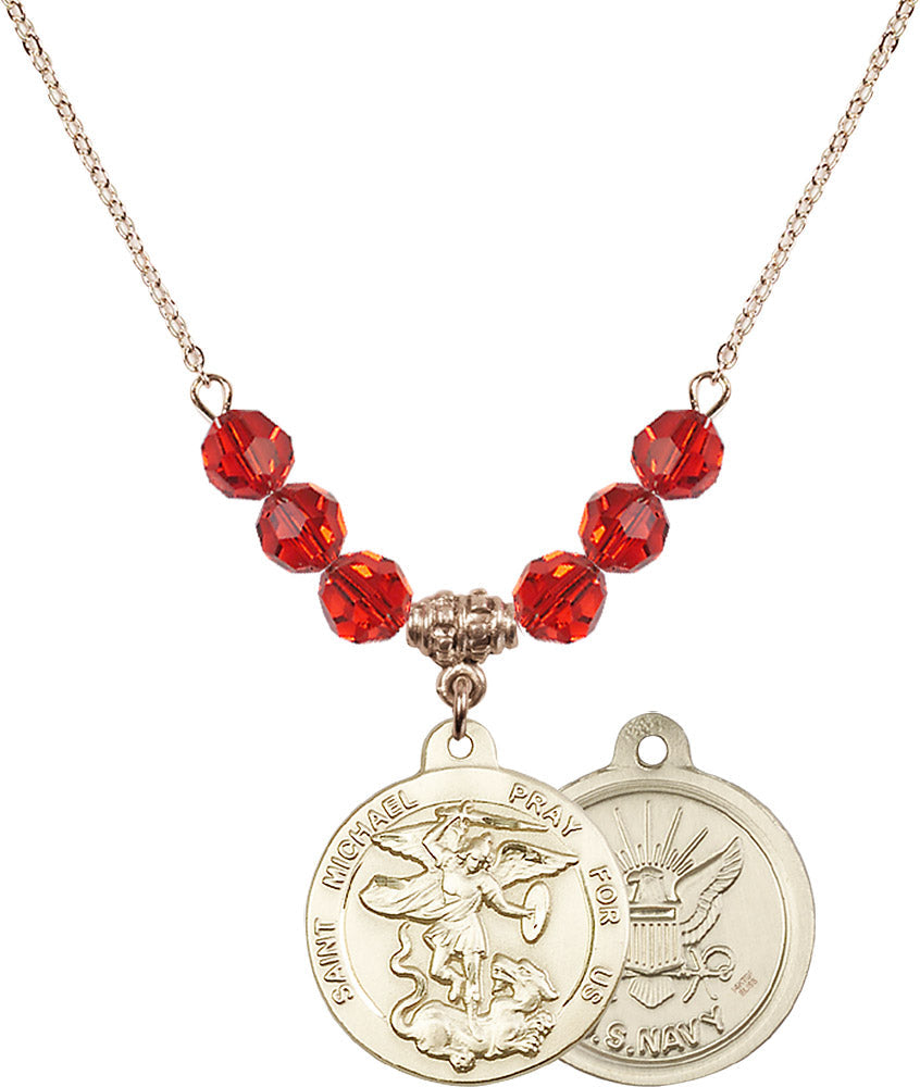 14kt Gold Filled Saint Michael / Navy Birthstone Necklace with Ruby Beads - 0342