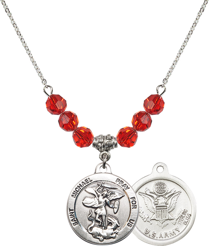 Sterling Silver Saint Michael / Army Birthstone Necklace with Ruby Beads - 0342