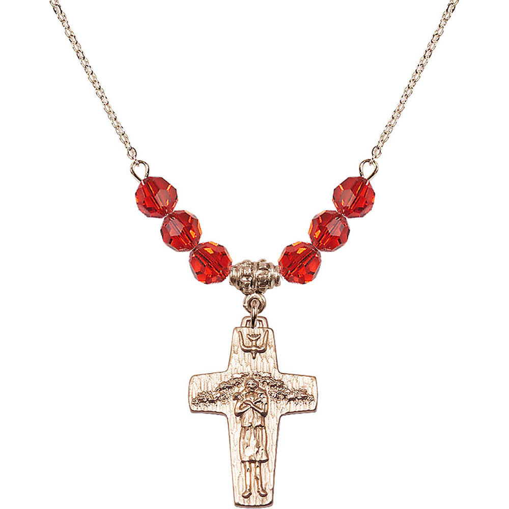 14kt Gold Filled Papal Crucifix Birthstone Necklace with Ruby Beads - 0569
