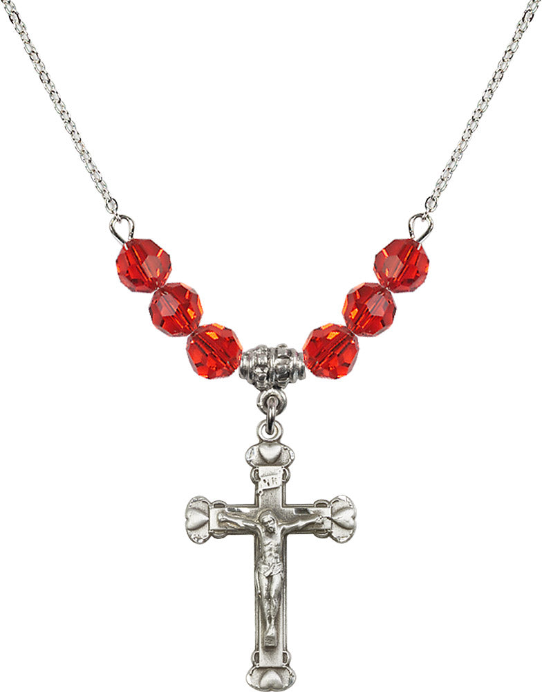Sterling Silver Crucifix Birthstone Necklace with Ruby Beads - 0620