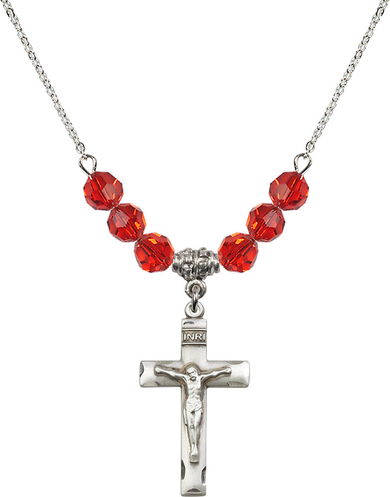 Sterling Silver Crucifix Birthstone Necklace with Ruby Beads - 0624