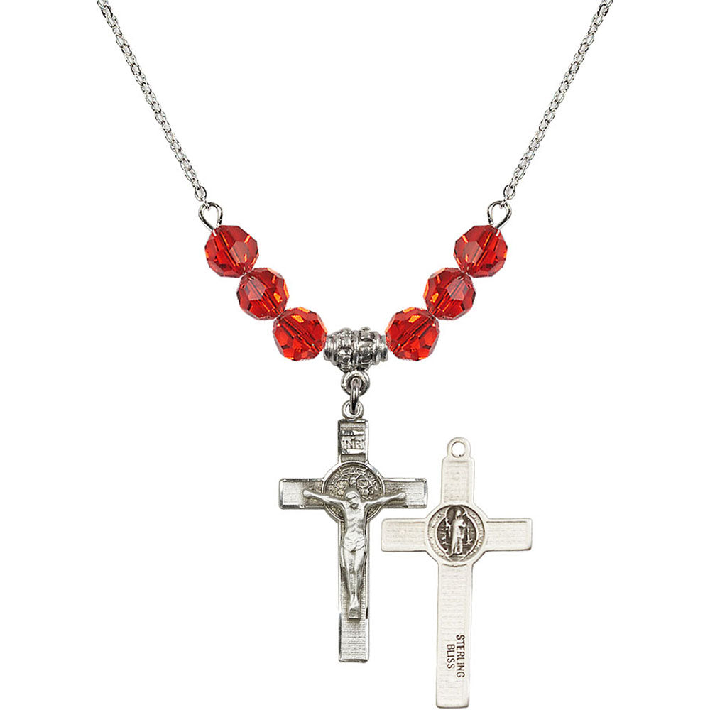 Sterling Silver Saint Benedict Crucifix Birthstone Necklace with Ruby Beads - 0625