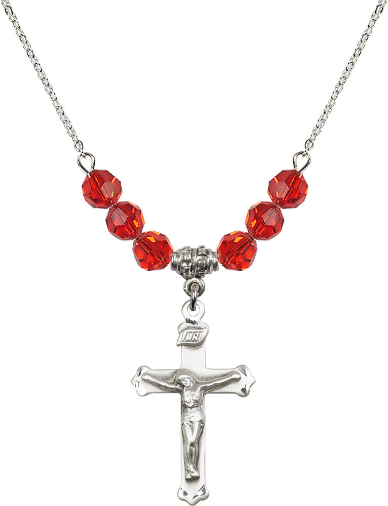 Sterling Silver Crucifix Birthstone Necklace with Ruby Beads - 0651