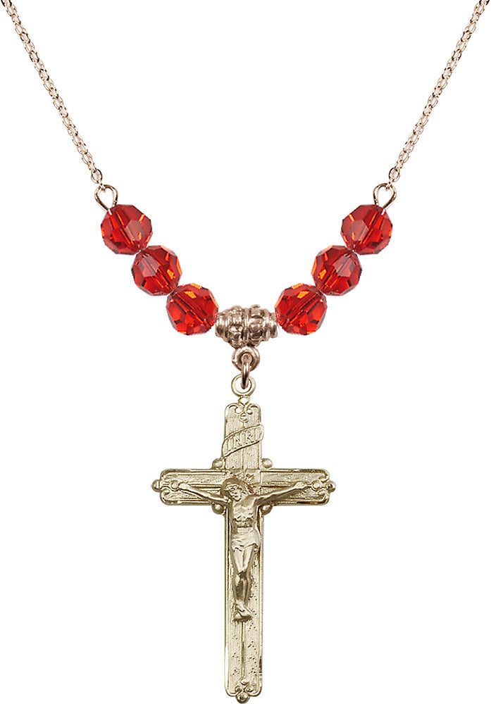 14kt Gold Filled Crucifix Birthstone Necklace with Ruby Beads - 0655