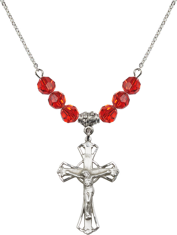 Sterling Silver Crucifix Birthstone Necklace with Ruby Beads - 0659