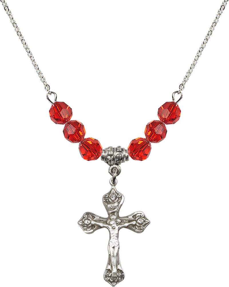 Sterling Silver Crucifix Birthstone Necklace with Ruby Beads - 0662