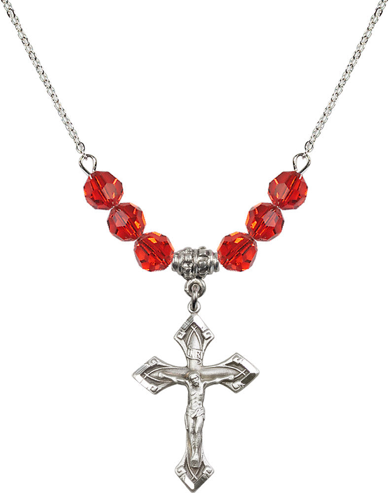 Sterling Silver Crucifix Birthstone Necklace with Ruby Beads - 0663