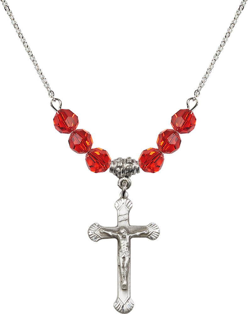 Sterling Silver Crucifix Birthstone Necklace with Ruby Beads - 0664