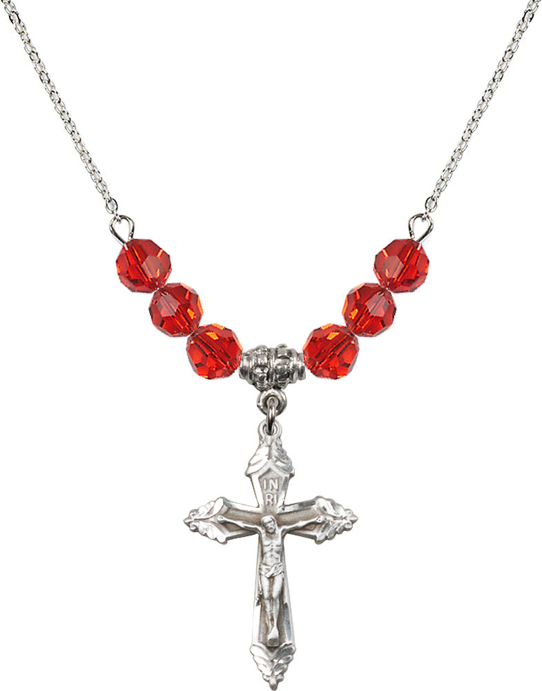 Sterling Silver Crucifix Birthstone Necklace with Ruby Beads - 0665