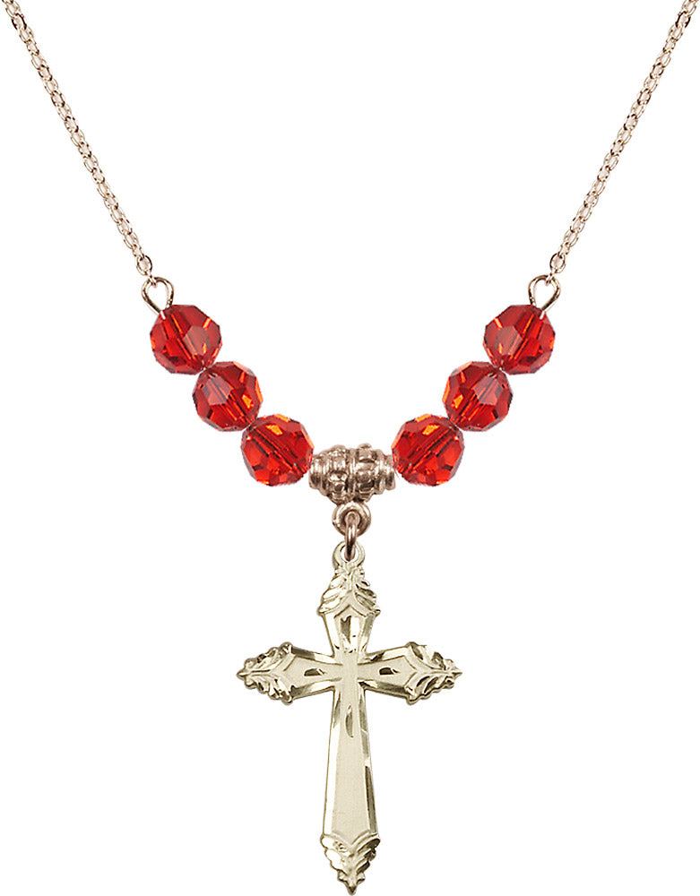 14kt Gold Filled Cross Birthstone Necklace with Ruby Beads - 0665