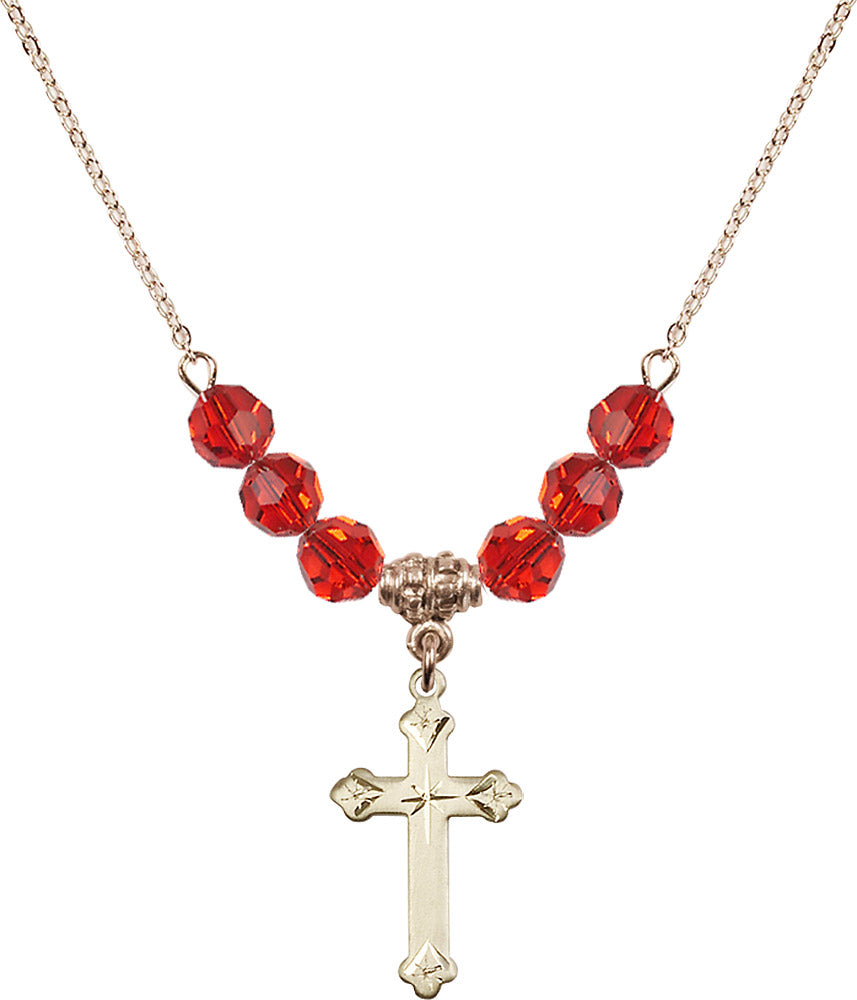 14kt Gold Filled Cross Birthstone Necklace with Ruby Beads - 0667