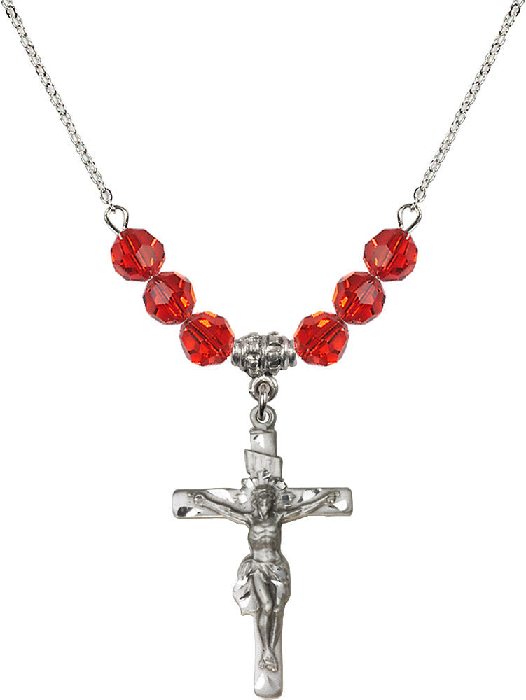 Sterling Silver Crucifix Birthstone Necklace with Ruby Beads - 0668