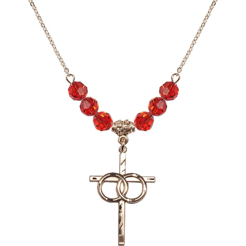 14kt Gold Filled Wedding Rings Cross Birthstone Necklace with Ruby Beads - 0671