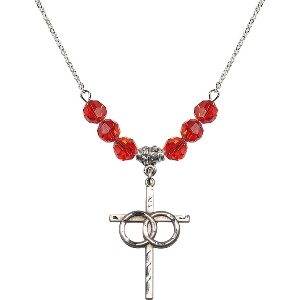 Sterling Silver Wedding Rings Cross Birthstone Necklace with Ruby Beads - 0671