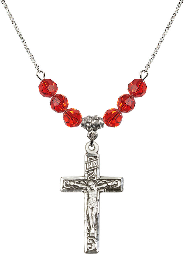 Sterling Silver Crucifix Birthstone Necklace with Ruby Beads - 0674