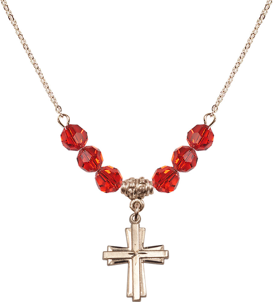 14kt Gold Filled Cross Birthstone Necklace with Ruby Beads - 0675