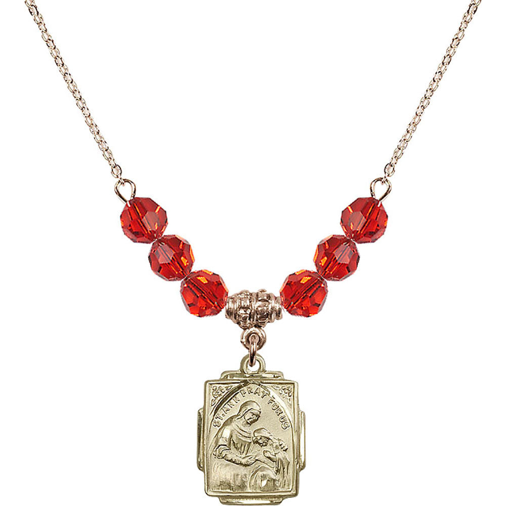 14kt Gold Filled Saint Ann Birthstone Necklace with Ruby Beads - 0804