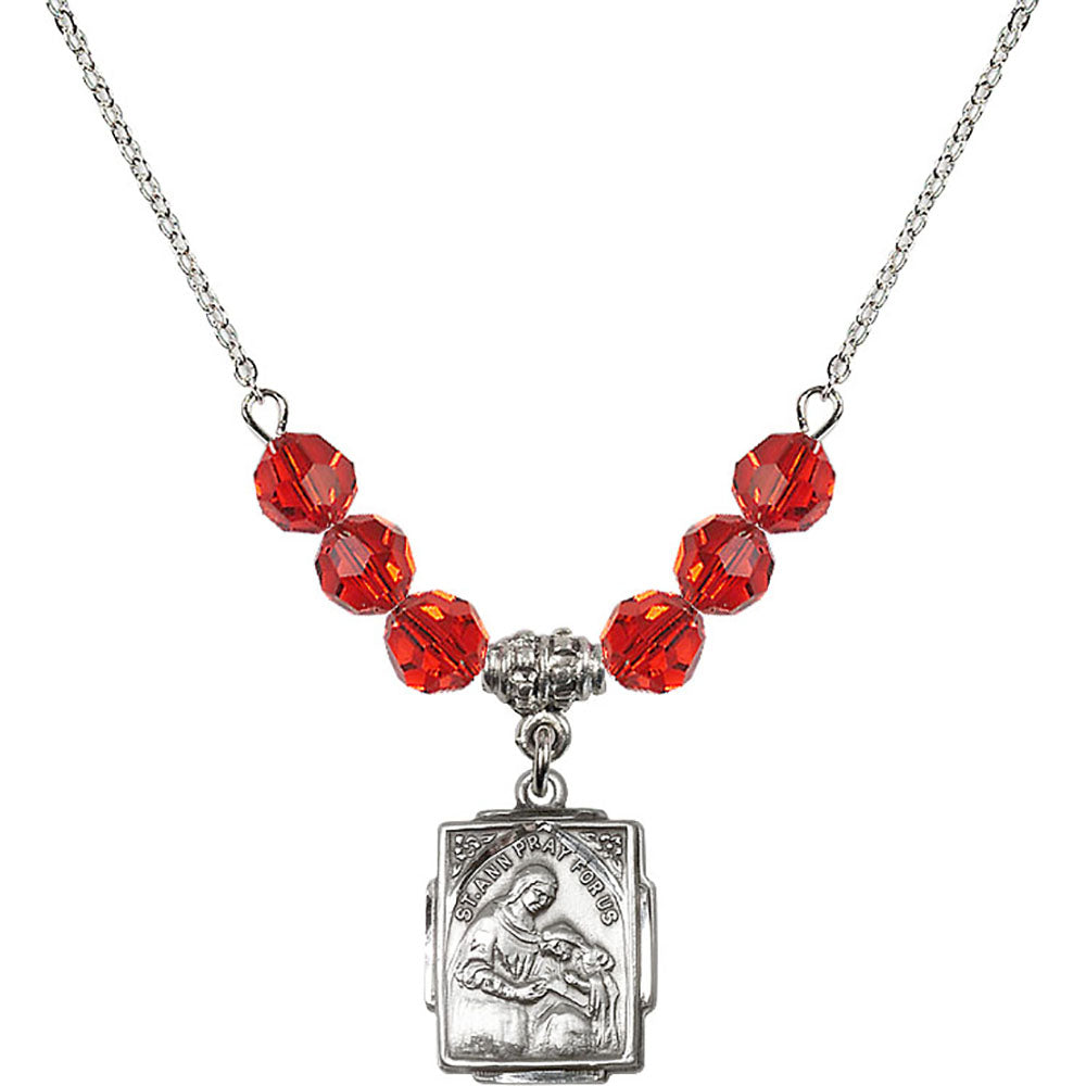 Sterling Silver Saint Ann Birthstone Necklace with Ruby Beads - 0804