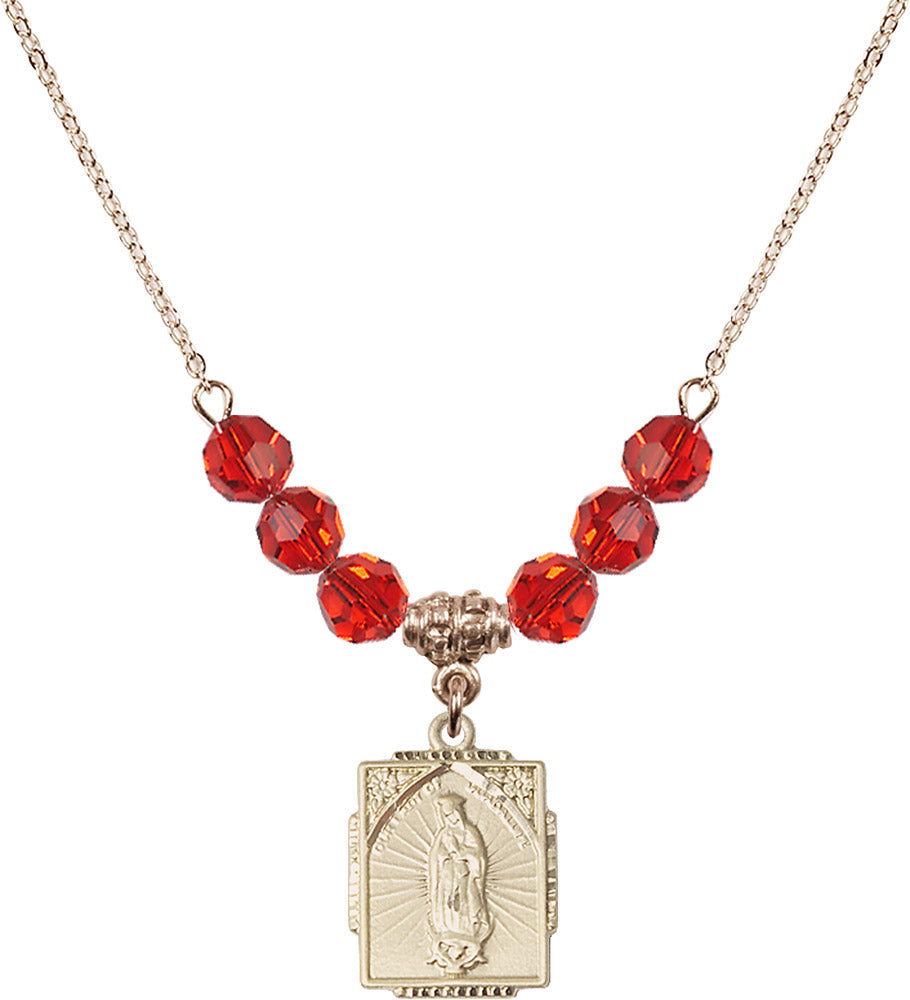 14kt Gold Filled Our Lady of Guadalupe Birthstone Necklace with Ruby Beads - 0804