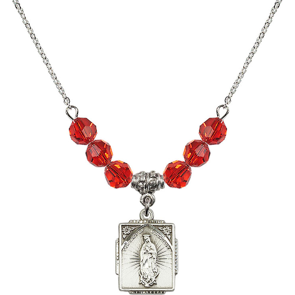 Sterling Silver Our Lady of Guadalupe Birthstone Necklace with Ruby Beads - 0804
