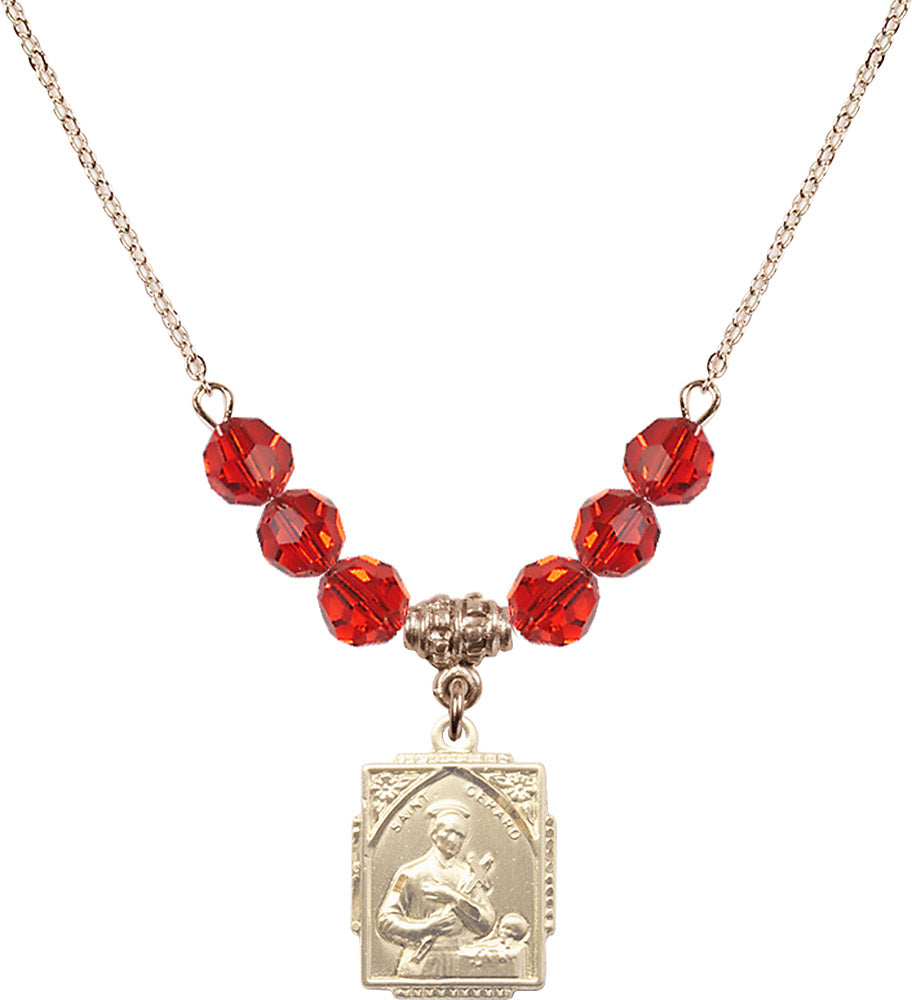 14kt Gold Filled Saint Gerard Birthstone Necklace with Ruby Beads - 0804