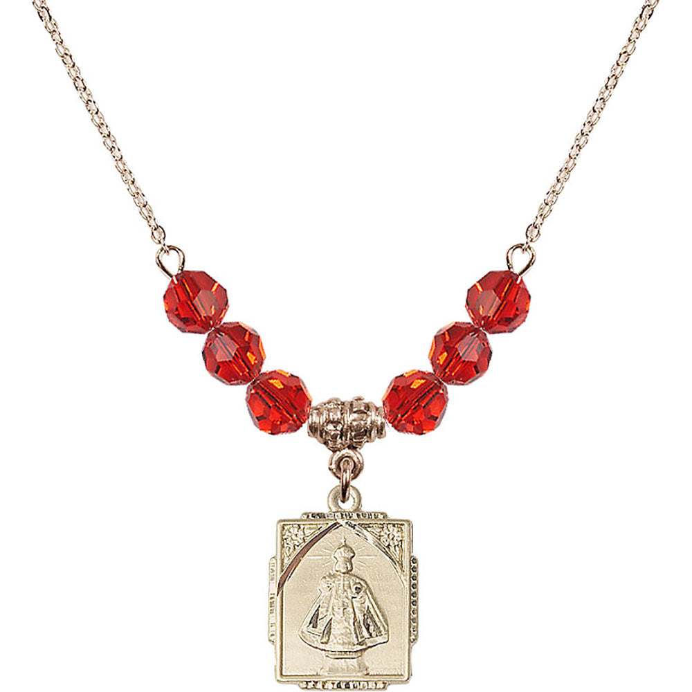 14kt Gold Filled Infant of Prague Birthstone Necklace with Ruby Beads - 0804