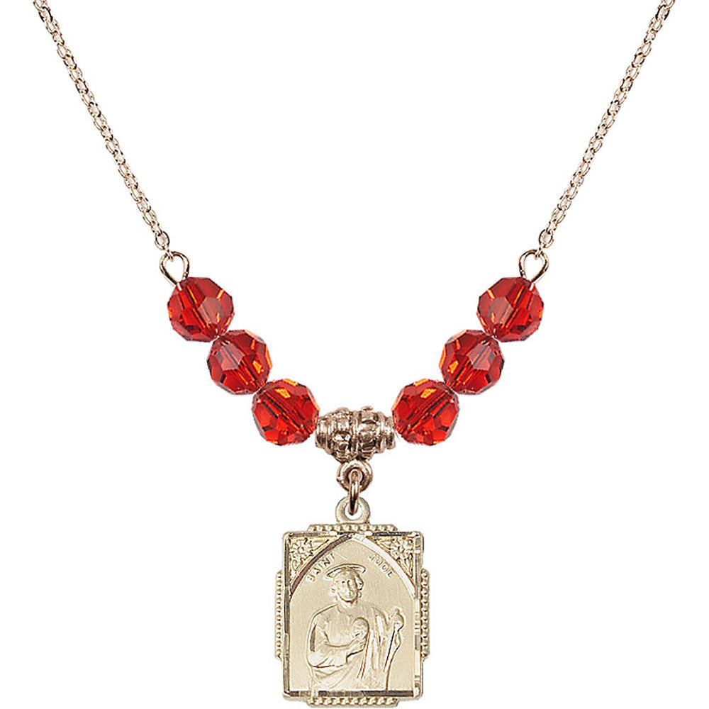 14kt Gold Filled Saint Jude Birthstone Necklace with Ruby Beads - 0804
