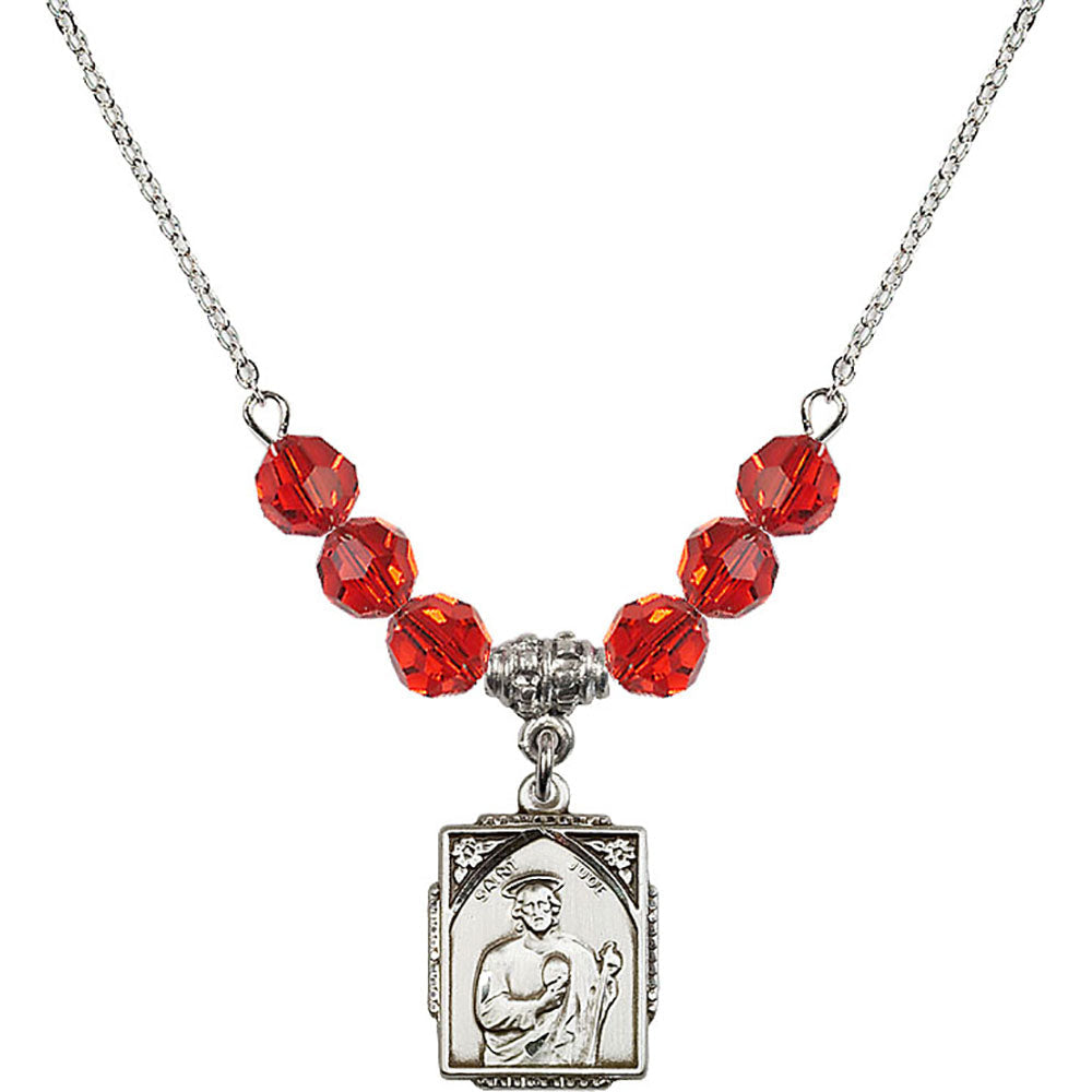 Sterling Silver Saint Jude Birthstone Necklace with Ruby Beads - 0804
