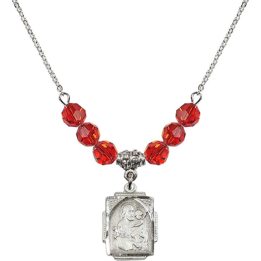 Sterling Silver Saint Joseph Birthstone Necklace with Ruby Beads - 0804