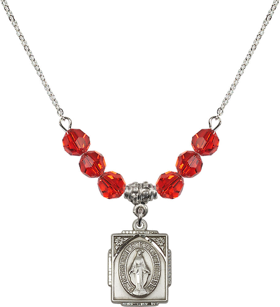 Sterling Silver Miraculous Birthstone Necklace with Ruby Beads - 0804