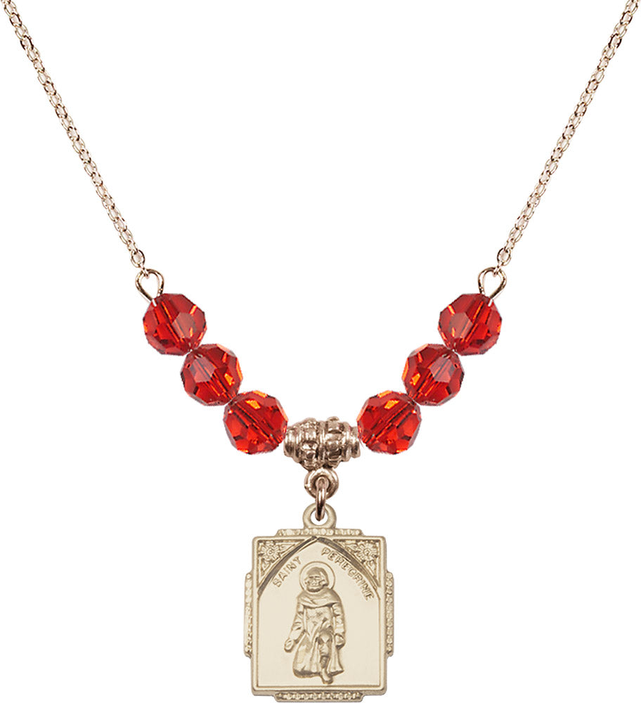 14kt Gold Filled Saint Peregrine Birthstone Necklace with Ruby Beads - 0804