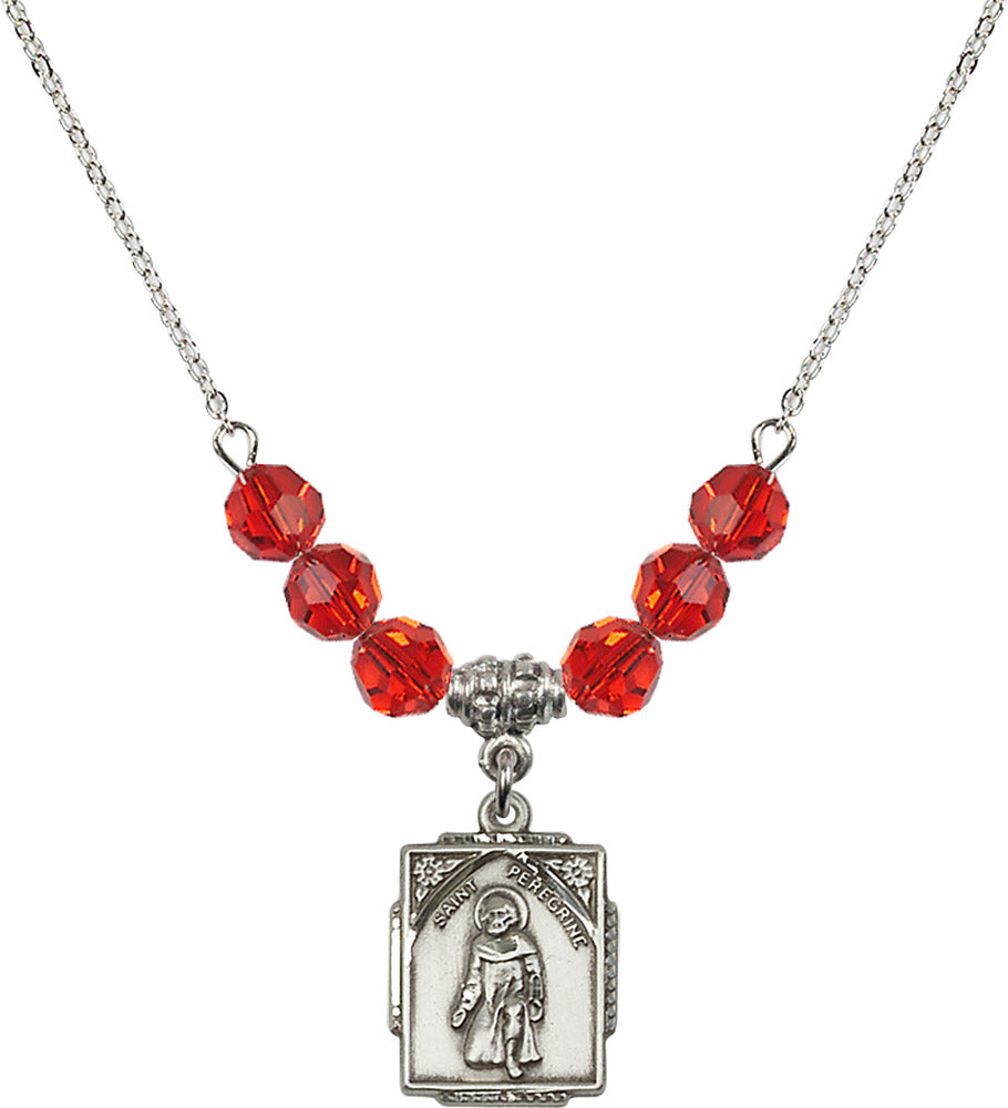 Sterling Silver Saint Peregrine Birthstone Necklace with Ruby Beads - 0804