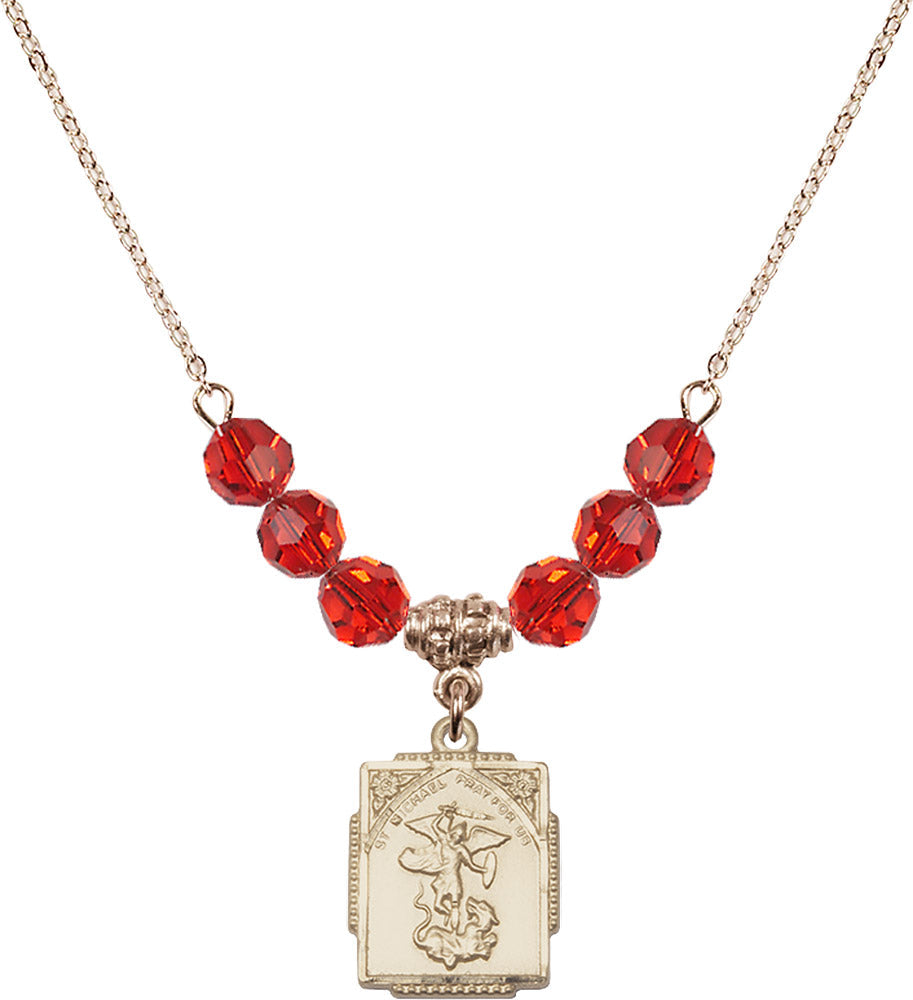 14kt Gold Filled Saint Michael the Archangel Birthstone Necklace with Ruby Beads - 0804