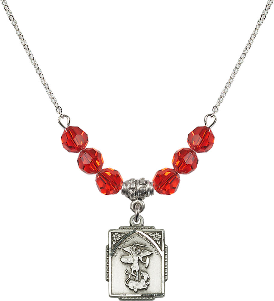 Sterling Silver Saint Michael the Archangel Birthstone Necklace with Ruby Beads - 0804