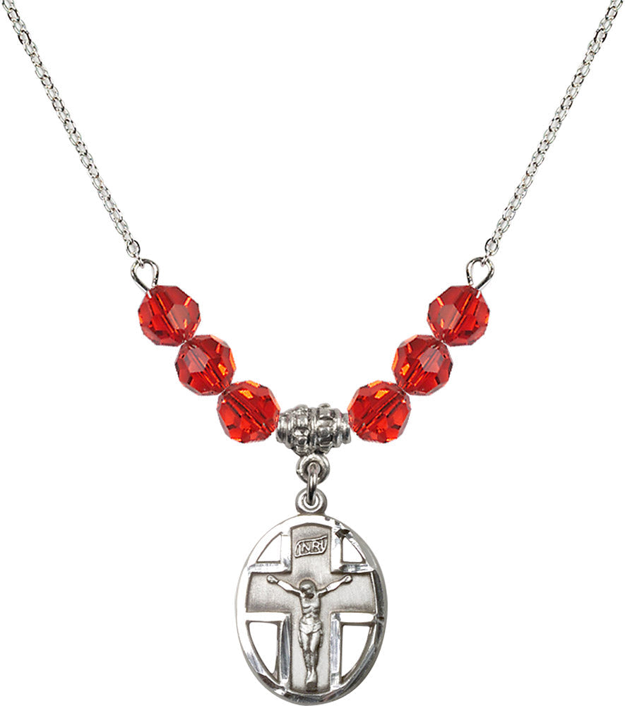 Sterling Silver Crucifix Birthstone Necklace with Ruby Beads - 0878