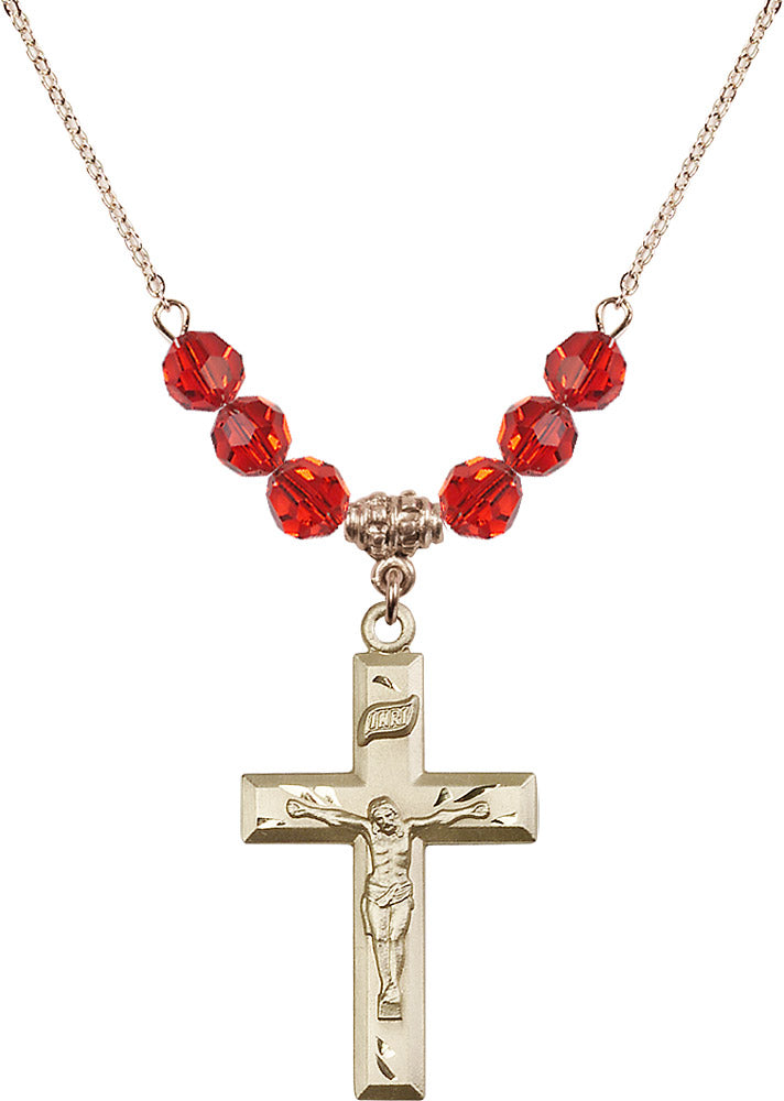 14kt Gold Filled Crucifix Birthstone Necklace with Ruby Beads - 2186
