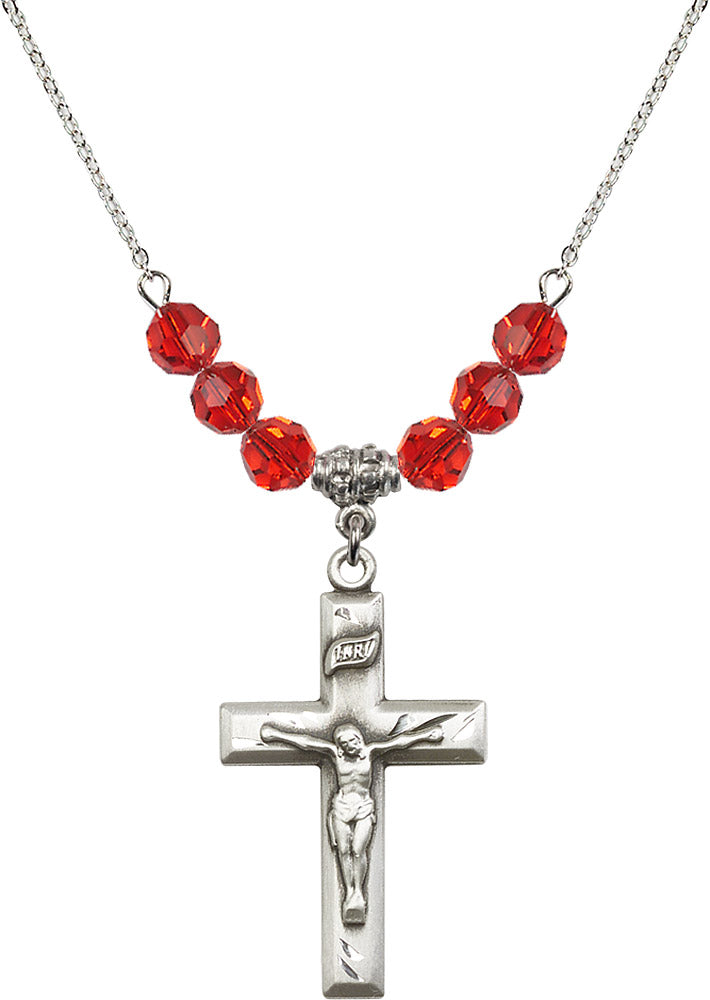 Sterling Silver Crucifix Birthstone Necklace with Ruby Beads - 2186