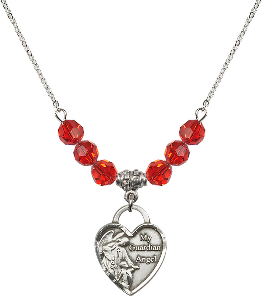 Sterling Silver Guardian Angel Heart Birthstone Necklace with Ruby Beads - 3202