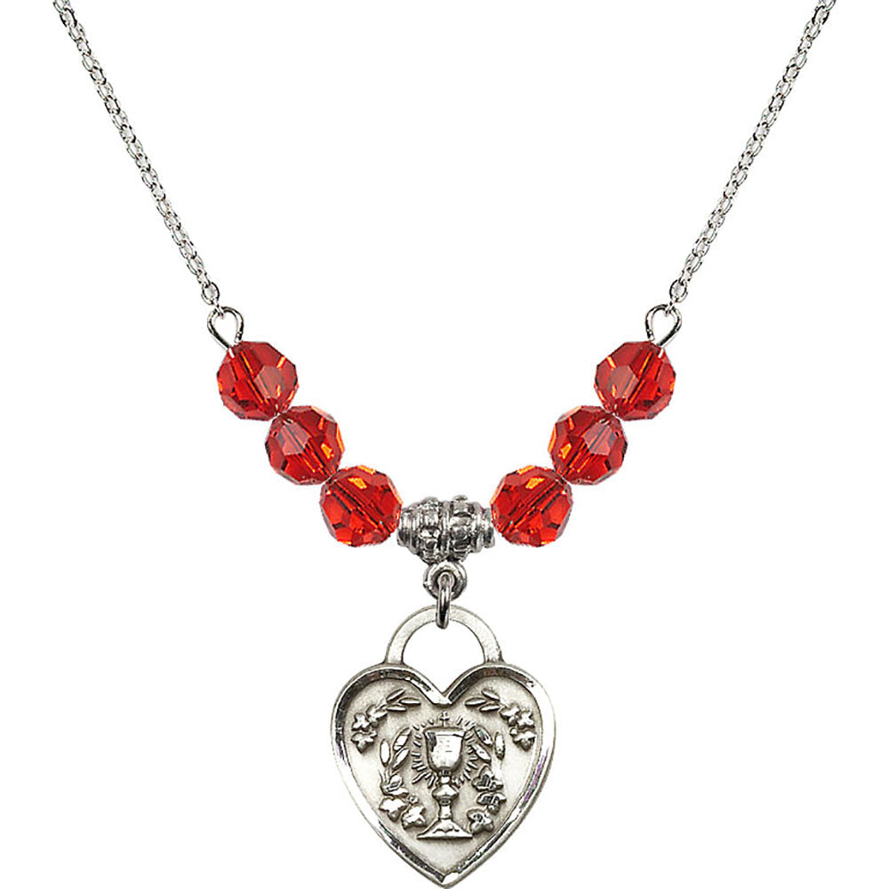 Sterling Silver Communion Heart Birthstone Necklace with Ruby Beads - 3204