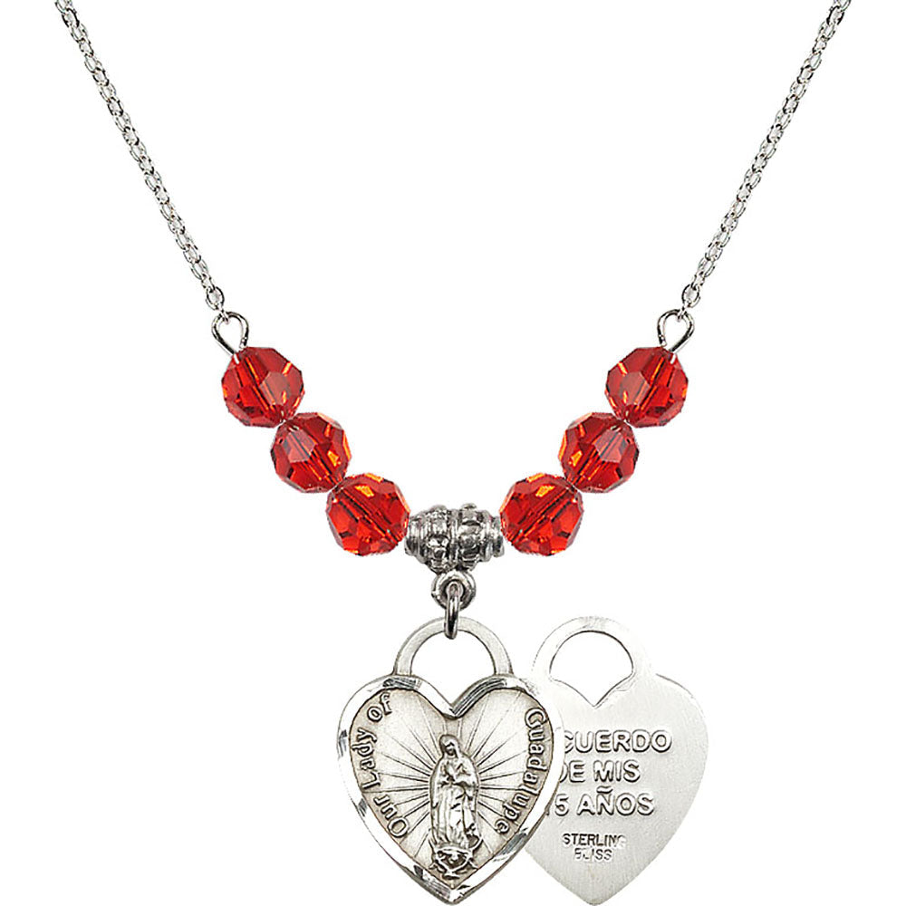 Sterling Silver Our Lady of Guadalupe Heart / Recuerdo Birthstone Necklace with Ruby Beads - 3209