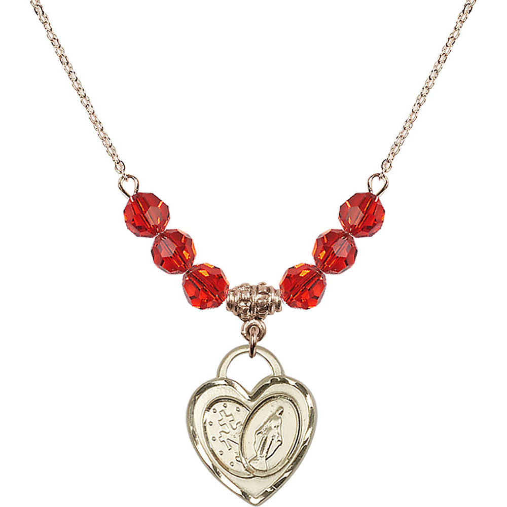 14kt Gold Filled Miraculous Heart Birthstone Necklace with Ruby Beads - 3212