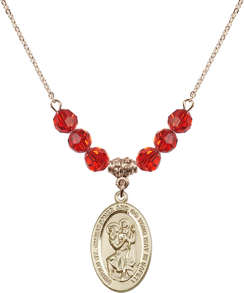 14kt Gold Filled Saint Christopher Birthstone Necklace with Ruby Beads - 4123