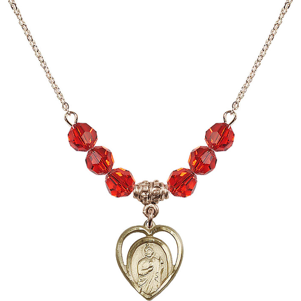 14kt Gold Filled Saint Jude Birthstone Necklace with Ruby Beads - 4128
