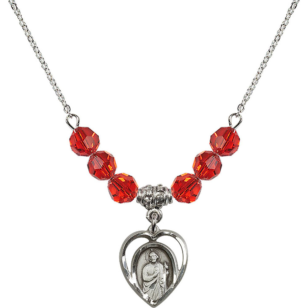 Sterling Silver Saint Jude Birthstone Necklace with Ruby Beads - 4128