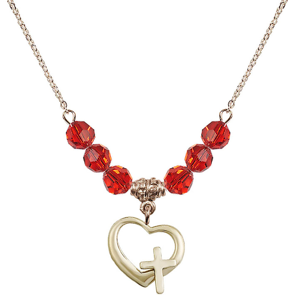14kt Gold Filled Heart / Cross Birthstone Necklace with Ruby Beads - 4207
