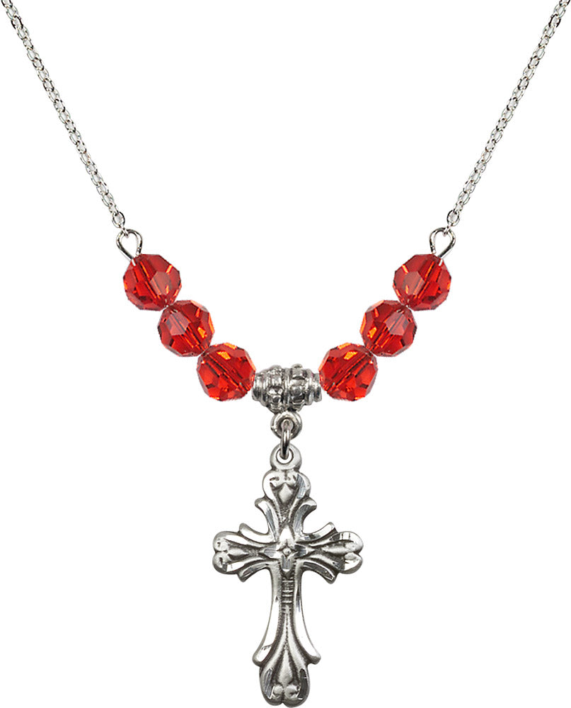 Sterling Silver Cross Birthstone Necklace with Ruby Beads - 5419