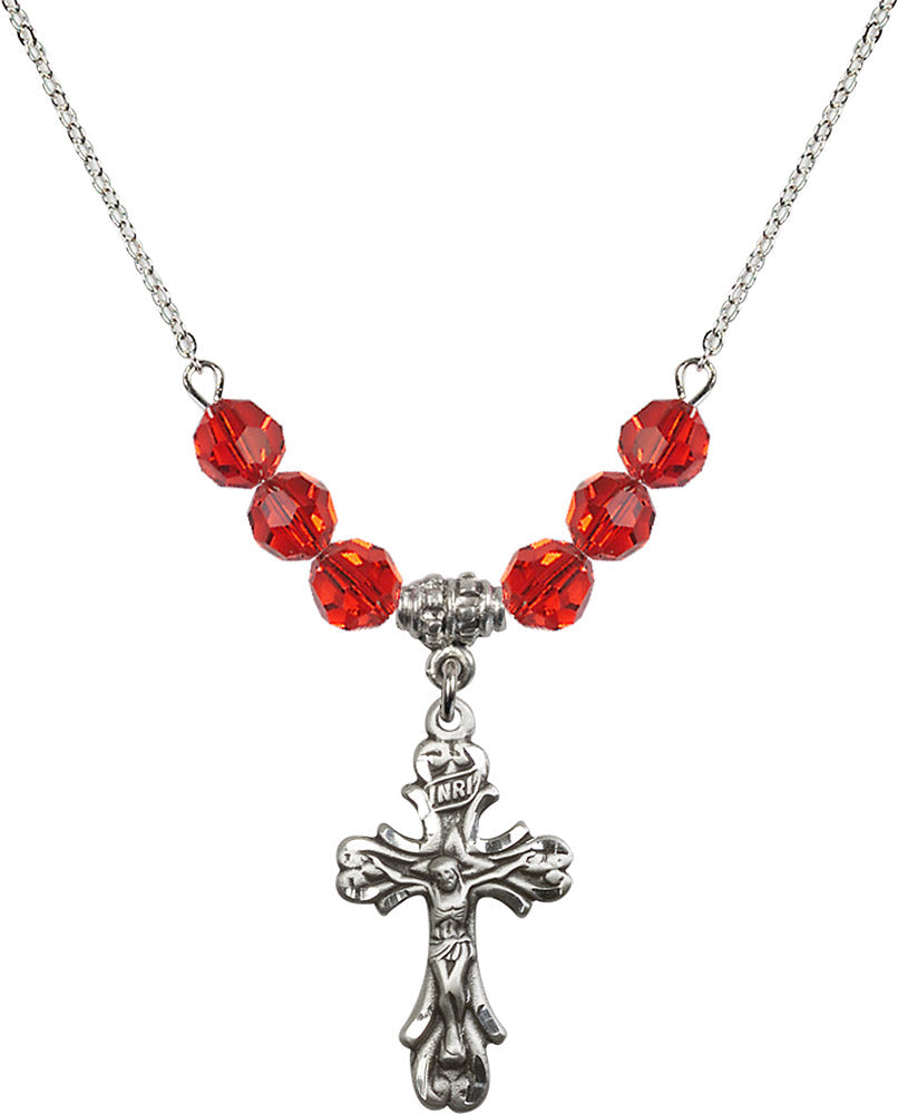 Sterling Silver Crucifix Birthstone Necklace with Ruby Beads - 5421